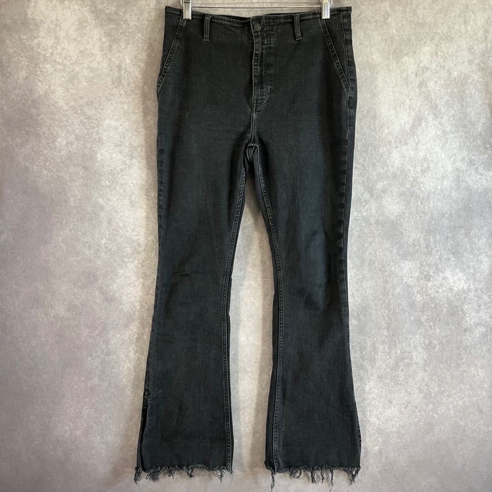 We The Free Flare Jeans Women 32‎ Black Raw Hem Side Slit High Rise Denim Boho
